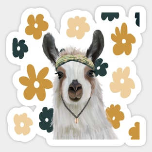 Boho Llama on Retro Green Flowers Sticker